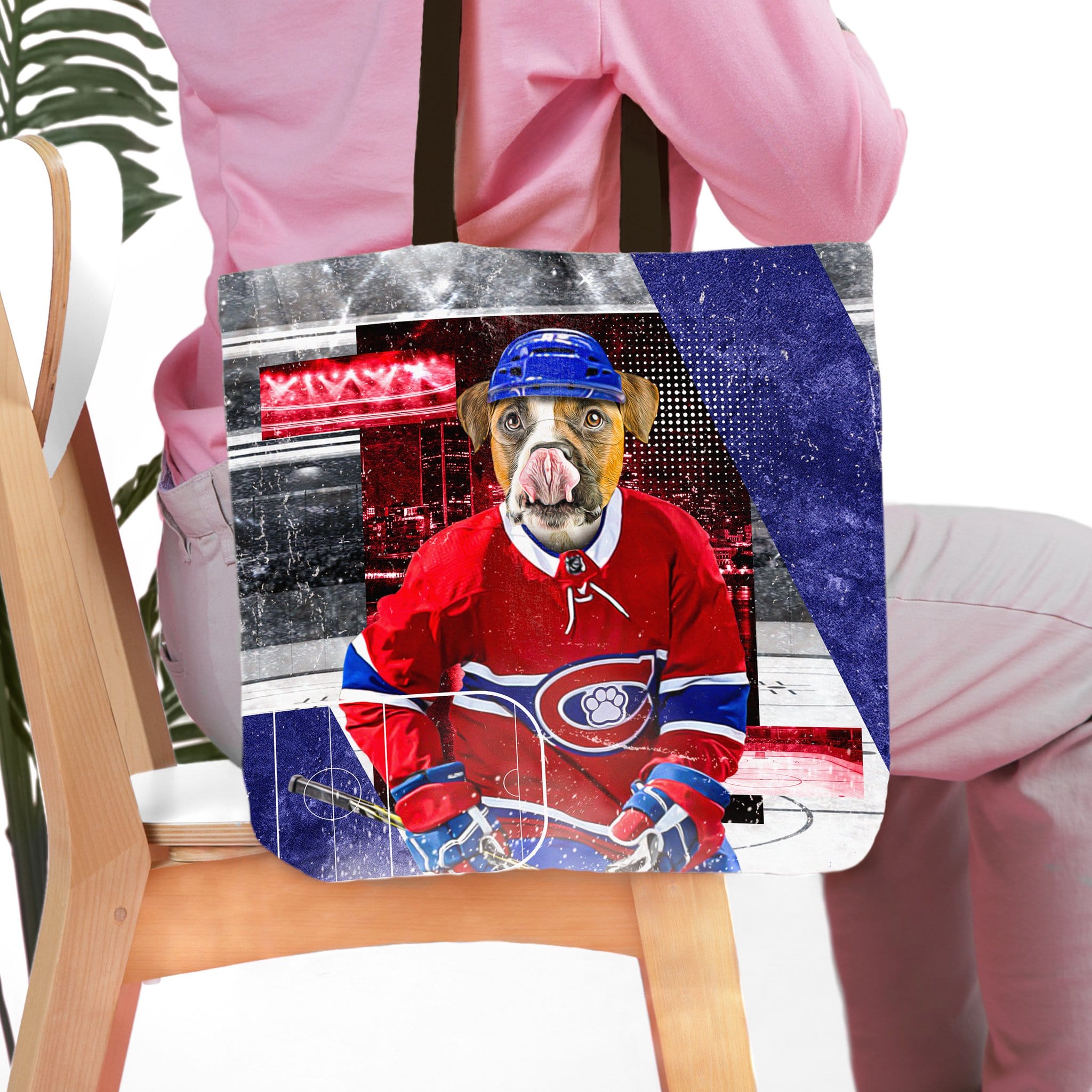 Personalized Montreal K9dians tote bag with a custom pet dog portrait in a hockey uniform.