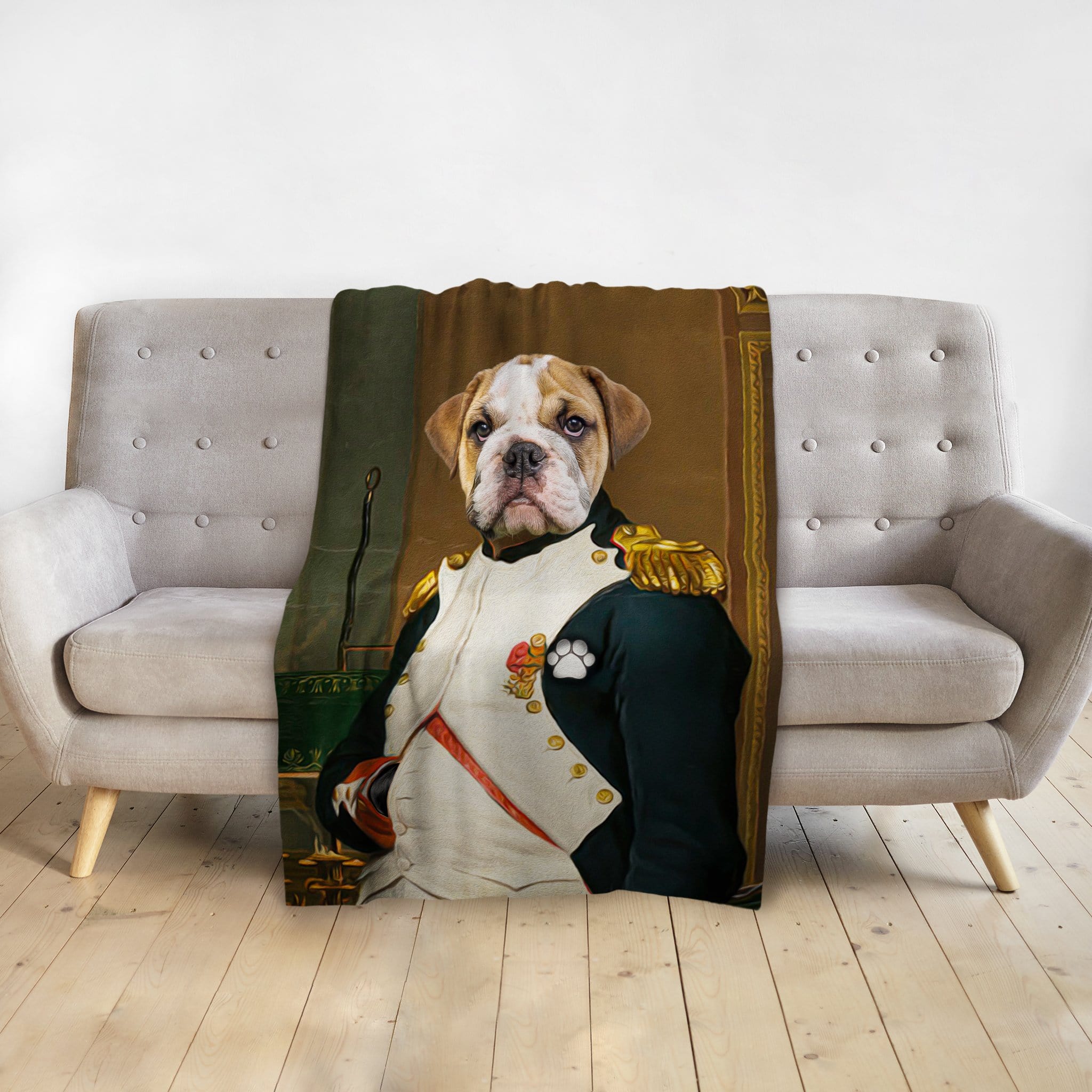 Personalized pet blanket with a bulldog in a renaissance royal general portrait.