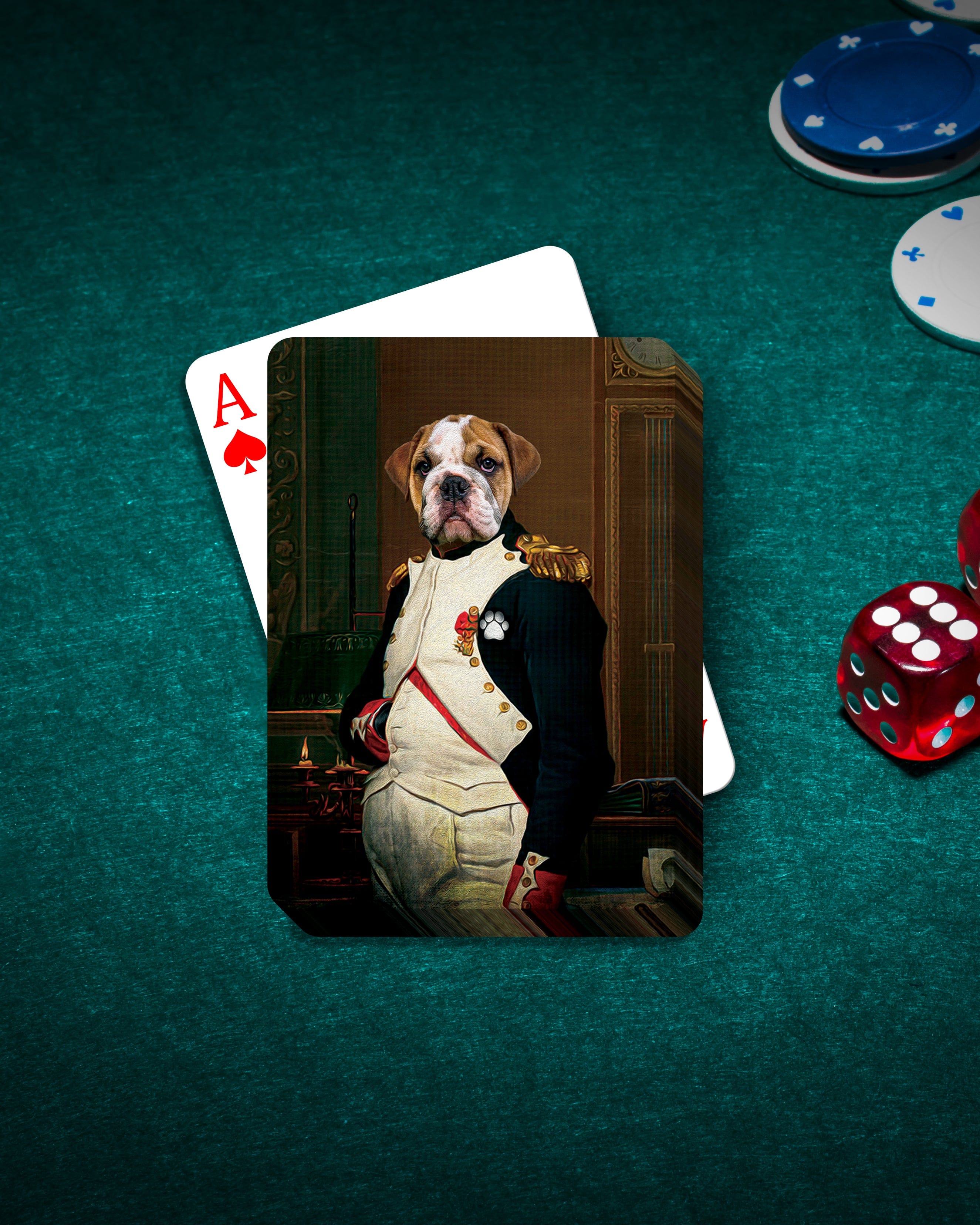 Personalized playing card featuring a bulldog in a custom Napawleon royal portrait on a green felt table with poker chips and dice.