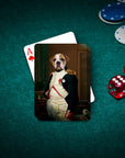 Personalized playing card featuring a bulldog in a custom Napawleon royal portrait on a green felt table with poker chips and dice.