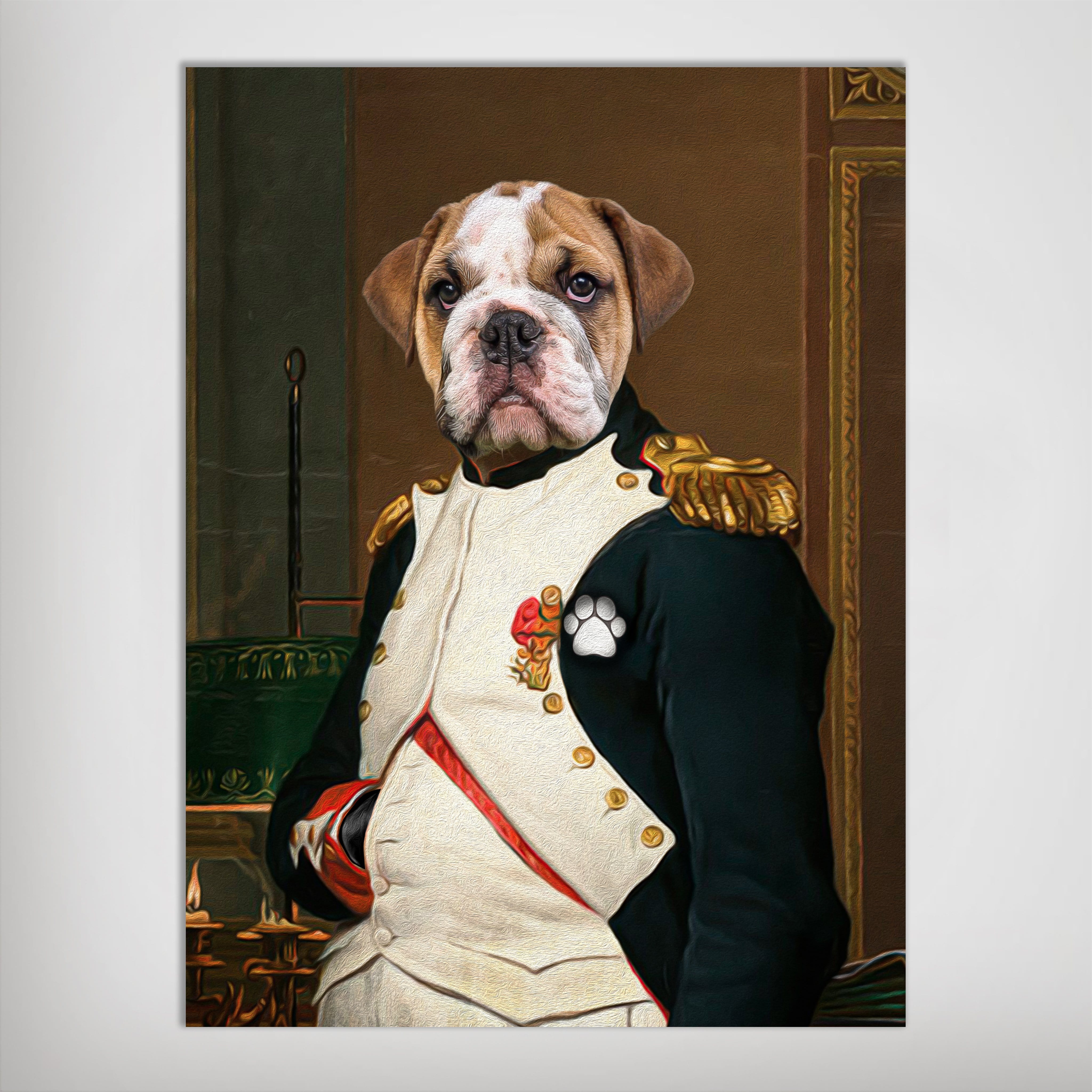 Personalized "Napawleon" pet poster featuring a bulldog in a historical military uniform with gold epaulets.