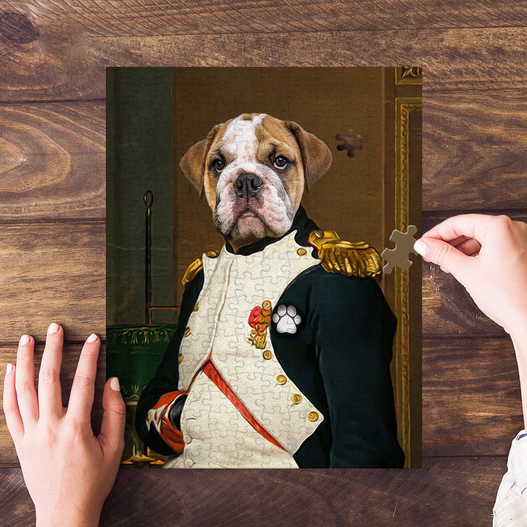 Personalized 'Napawleon' pet puzzle featuring a bulldog in a royal renaissance general's uniform.