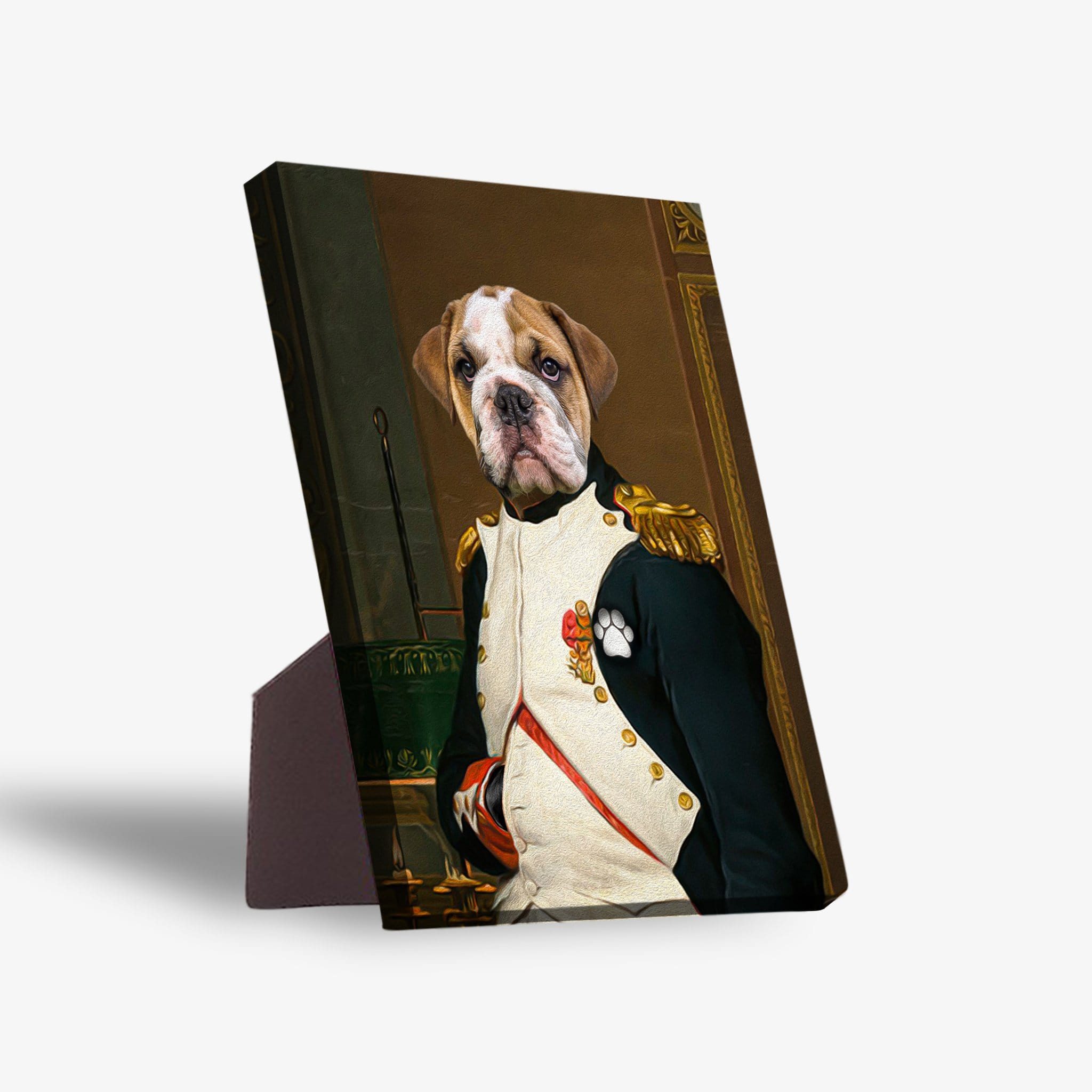 Personalized 'Napawleon' pet portrait standing canvas featuring a bulldog in a general's uniform.