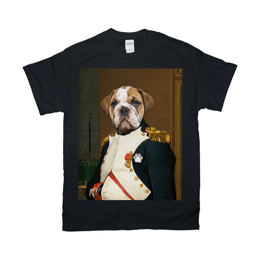 Black Gildan t-shirt with a personalized bulldog in a "Napawleon" general's uniform portrait.