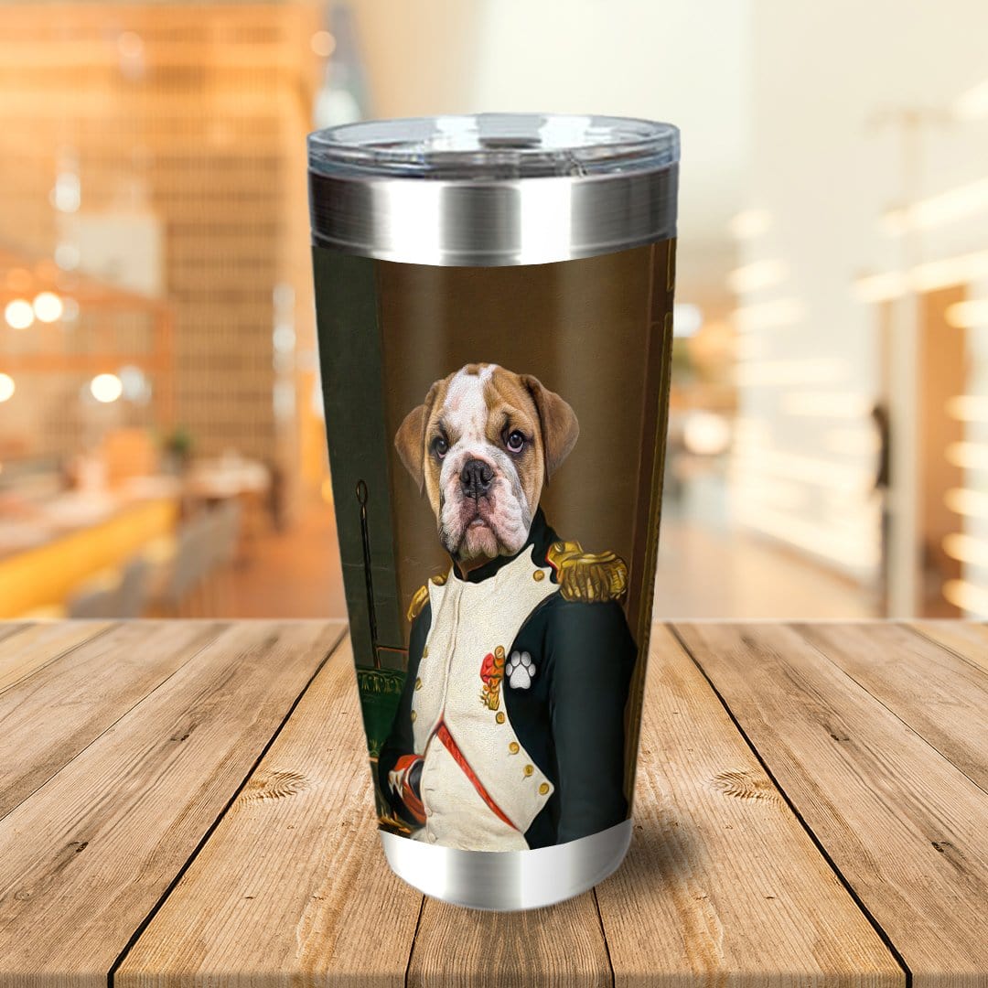 Personalized stainless steel tumbler with a bulldog pet portrait in a royal general's uniform.