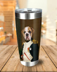 Personalized stainless steel tumbler with a bulldog pet portrait in a royal general's uniform.
