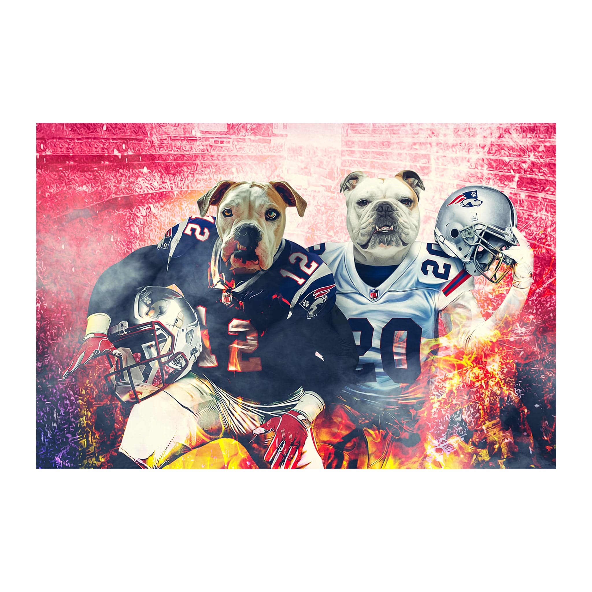 Personalized digital portrait of two dogs as New England football players in a stadium.
