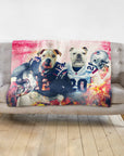 Personalized pet blanket with two dogs in New England Patriots football uniforms.