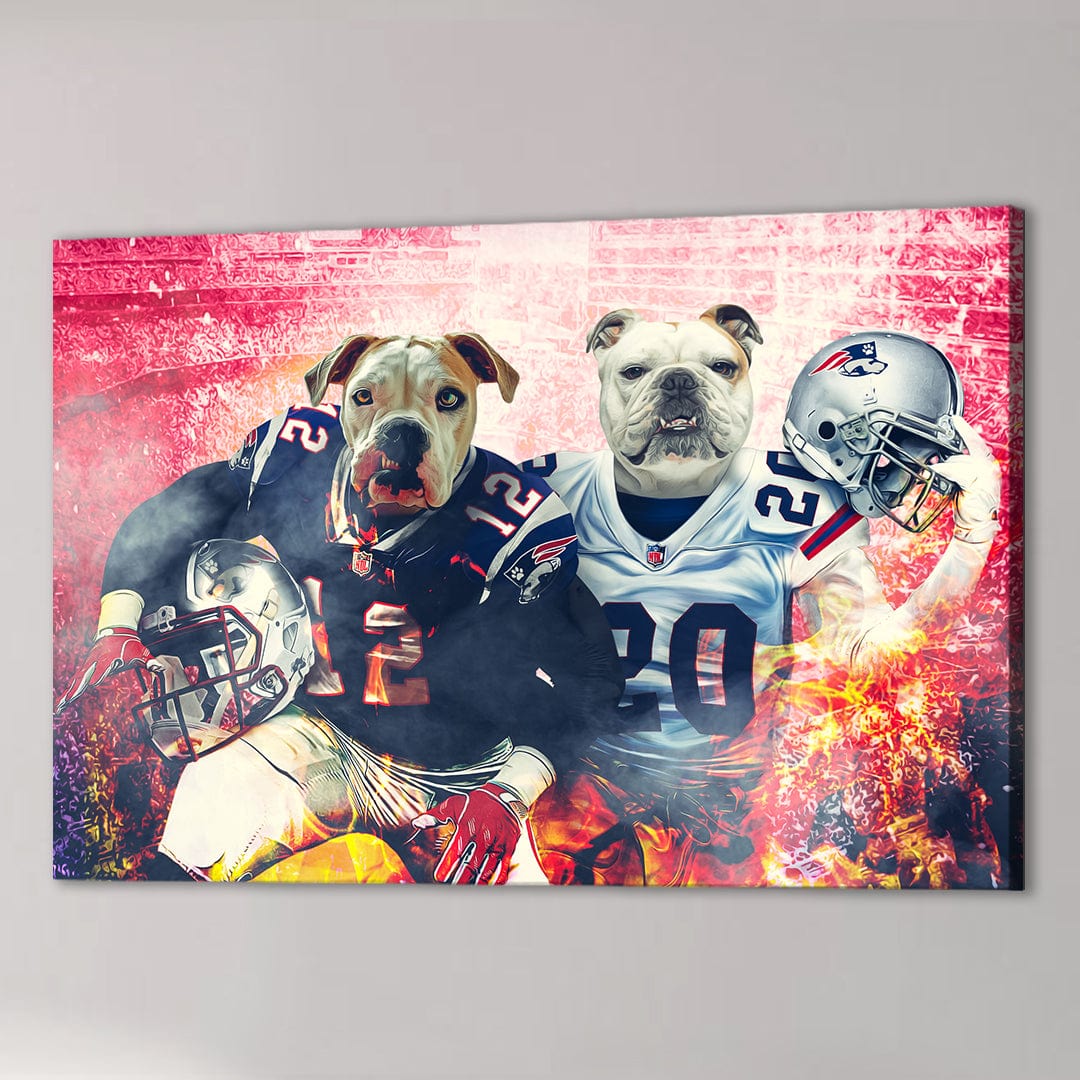 Personalized canvas featuring two dogs in New England Patriots football uniforms against a brick wall.