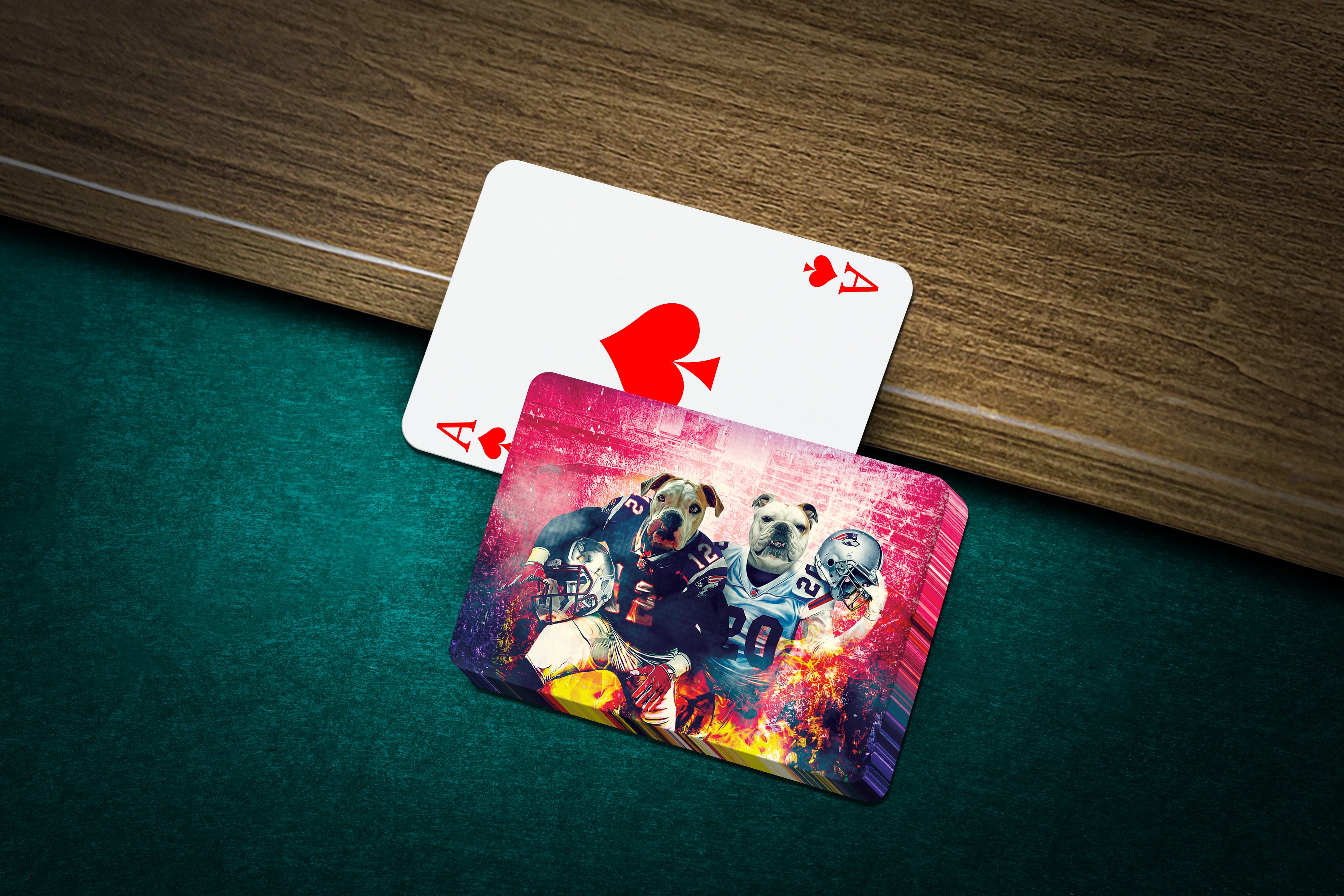 Personalized playing cards featuring two dogs in football uniforms with a vibrant, artistic style.