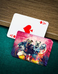 Personalized playing cards featuring two dogs in football uniforms with a vibrant, artistic style.
