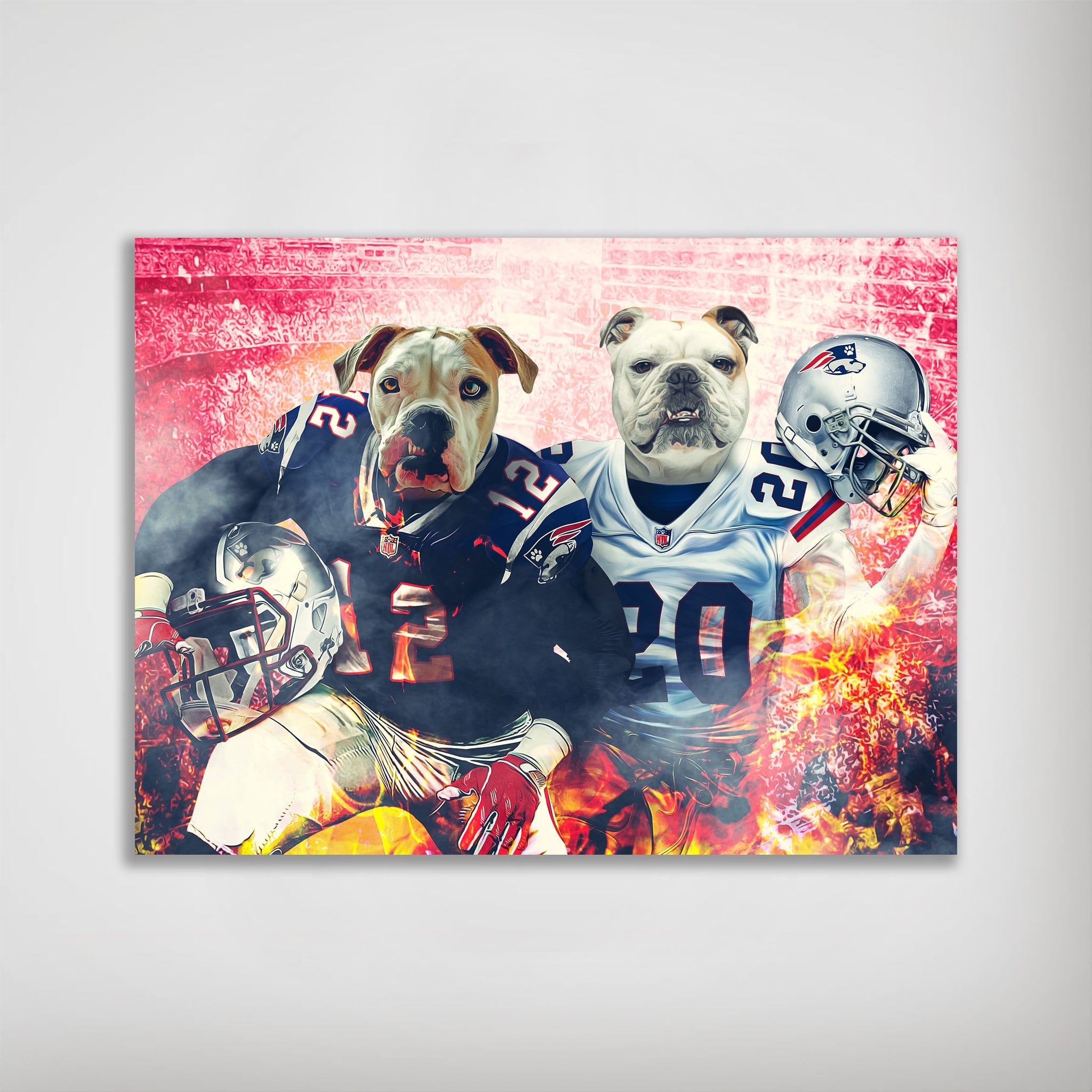 Personalized New England Doggos poster featuring two pets as football players in Patriots jerseys.