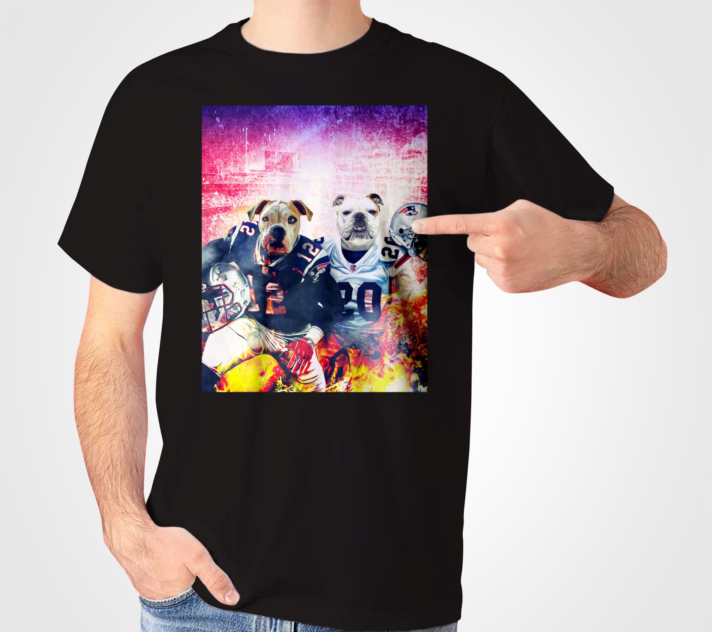 Black Gildan t-shirt featuring three personalized pets as football players, with a distressed background.