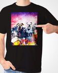 Black Gildan t-shirt featuring three personalized pets as football players, with a distressed background.