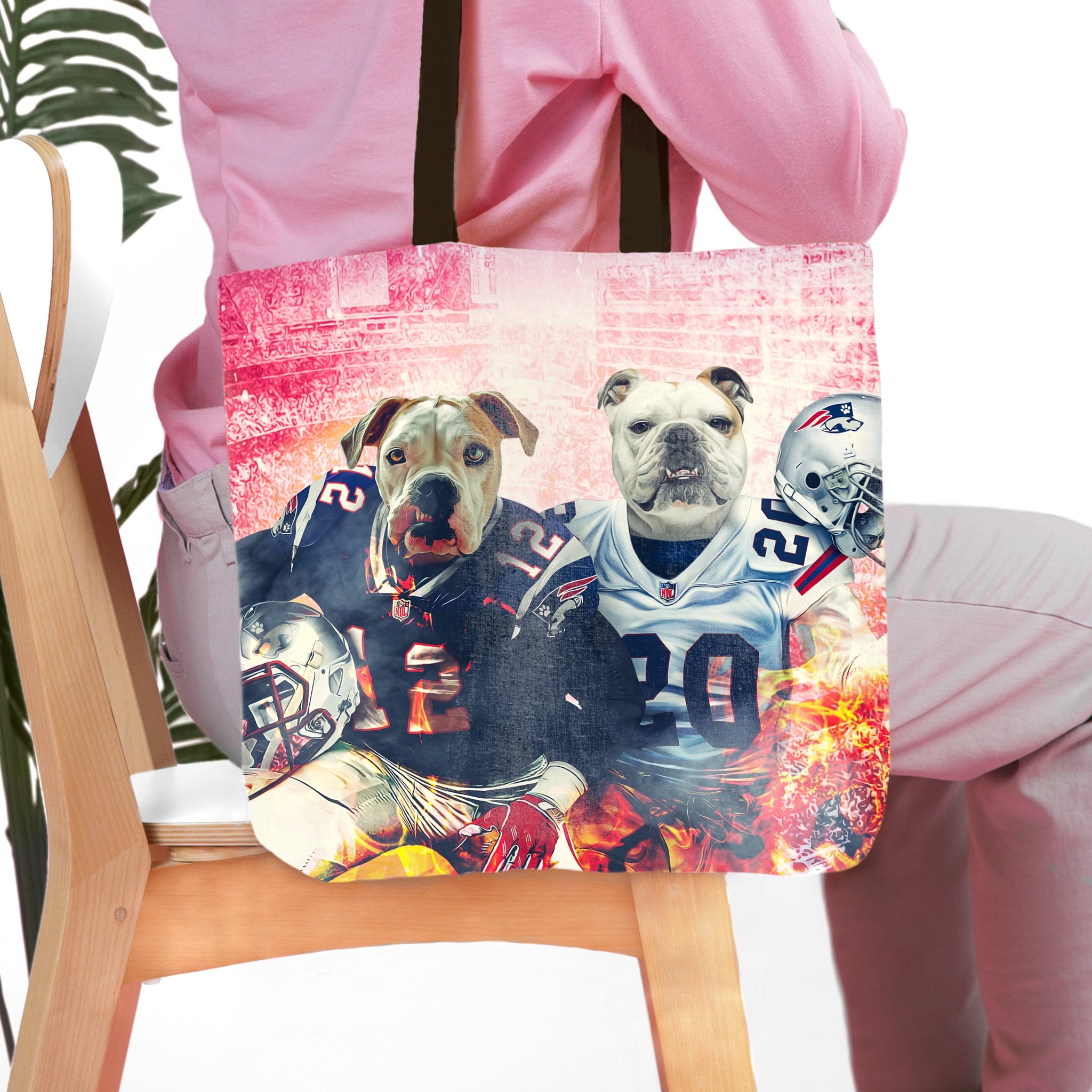 Personalized tote bag featuring two bulldog pet portraits in New England Patriots football uniforms.