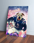 Personalized canvas featuring a bulldog in a New England Patriots uniform, holding a helmet, with "Frank" above.