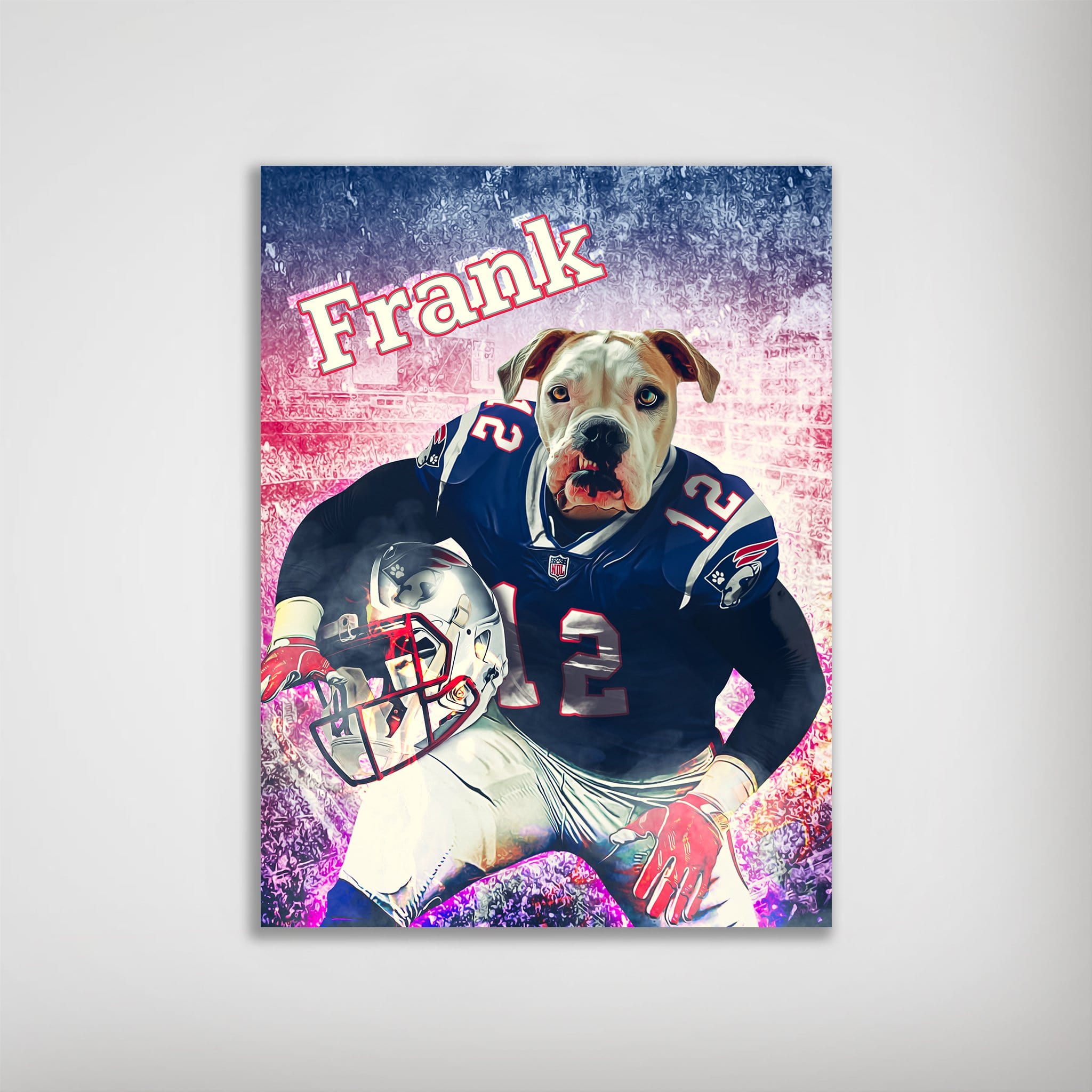 Personalized dog poster featuring a bulldog in a blue football uniform, holding a helmet, with "Frank" above.