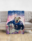 Personalized pet blanket with a Doggovinci portrait of a bulldog in a Patriots football uniform.