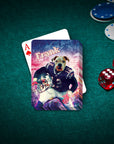 Custom personalized playing card featuring a dog in a New England Patriots football uniform, named "Frank.