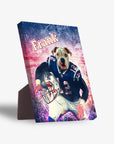 Personalized "New England Doggos" standing canvas featuring a dog's head on a football player's body.