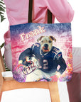 Personalized New England Doggos tote bag with a custom dog portrait in a football uniform.