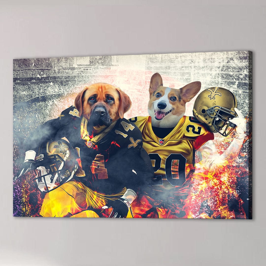 Personalized canvas of two pets as New Orleans Saints football players in gold and black uniforms.