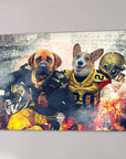 Personalized canvas of two pets as New Orleans Saints football players in gold and black uniforms.