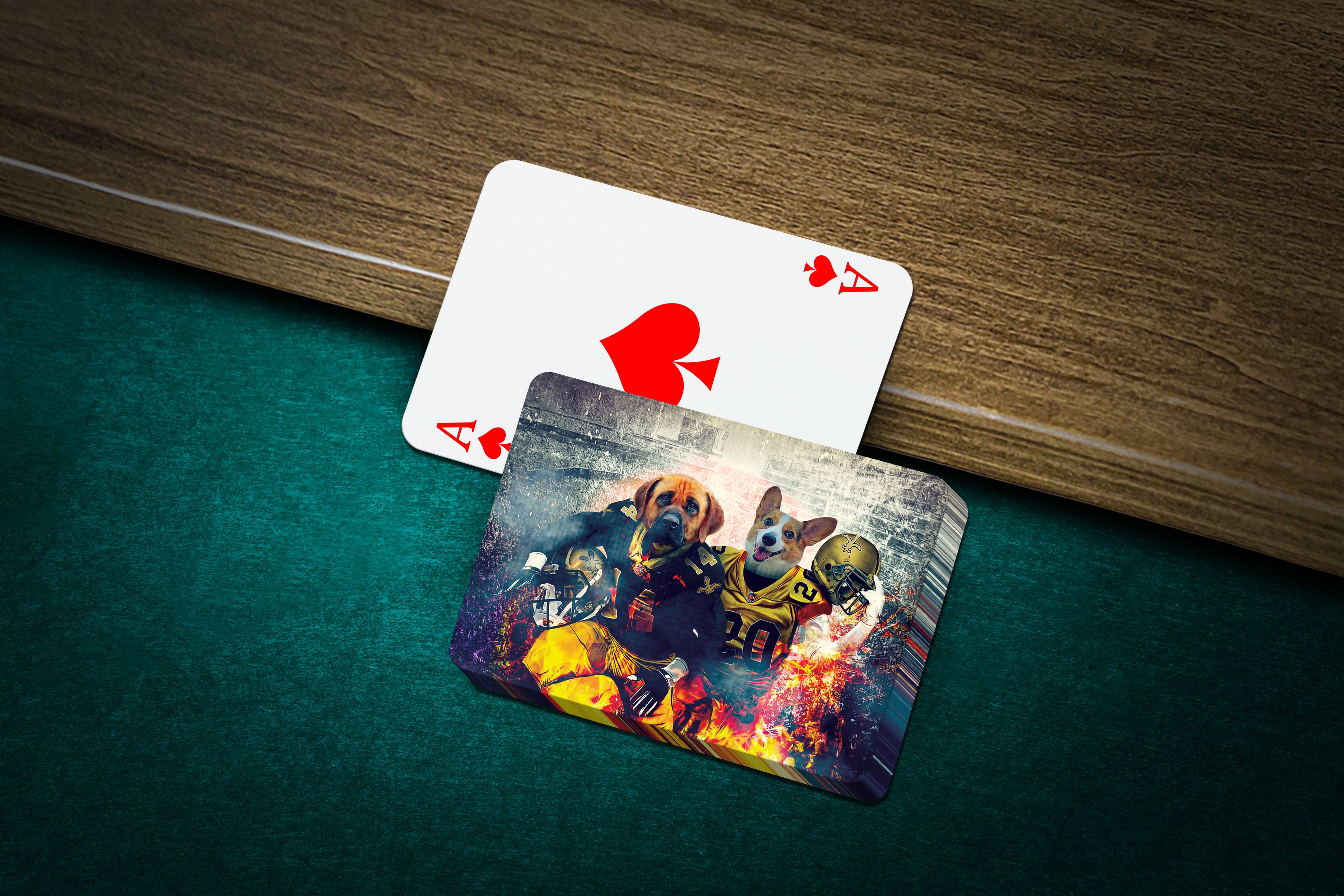Personalized playing cards featuring two dogs in football uniforms, one Ace of Spades card.