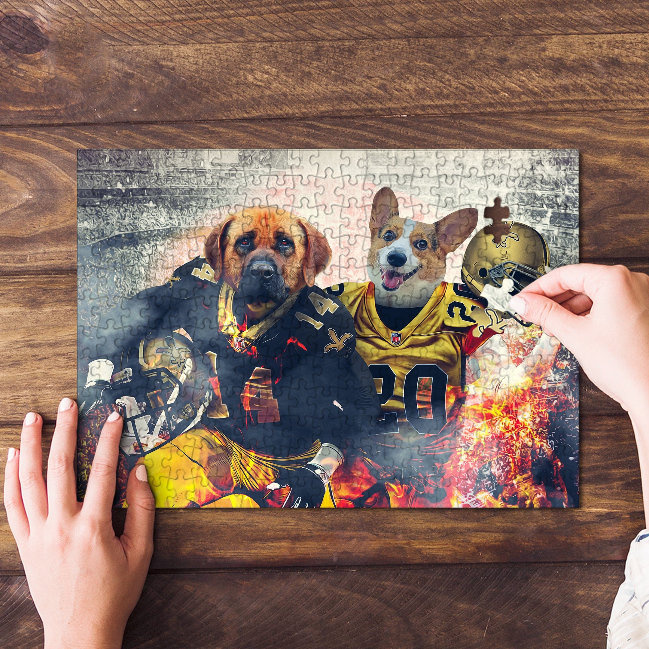 Personalized 2 pet puzzle featuring a Labrador and Corgi in New Orleans football uniforms.
