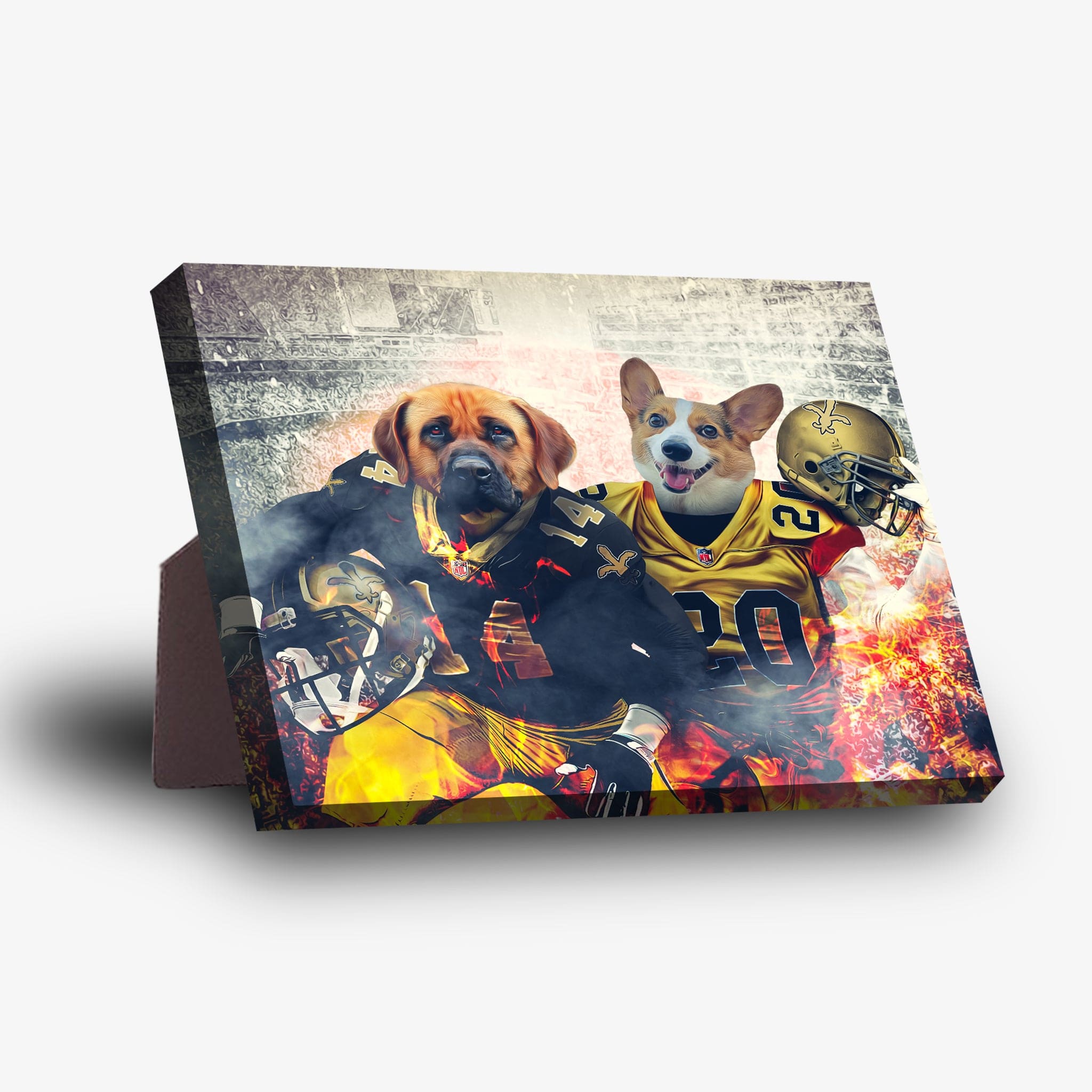 Personalized 2-pet standing canvas featuring dogs in New Orleans Saints football uniforms with a fiery background.
