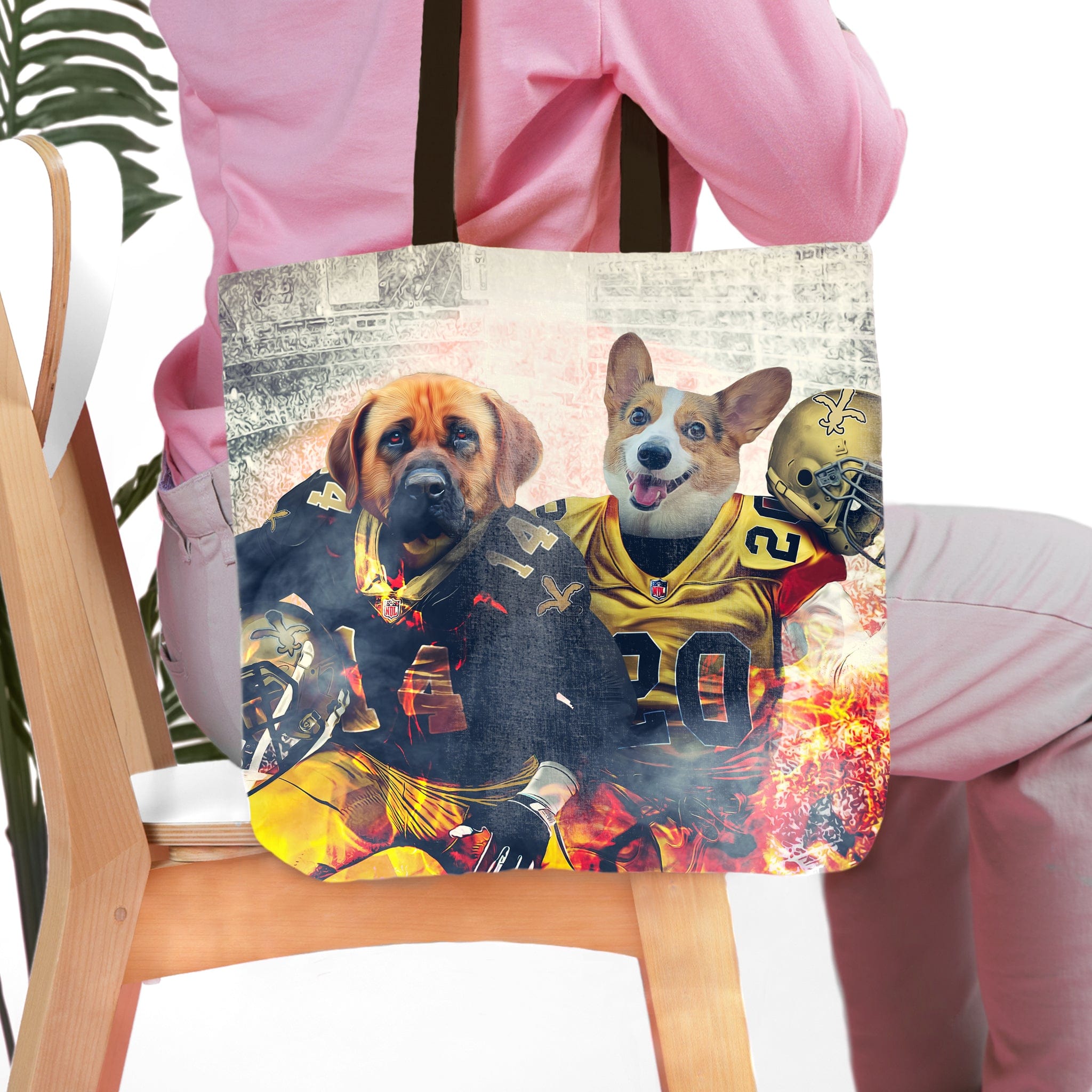 Personalized 2 pet tote bag with custom dog portraits in New Orleans Saints football uniforms.