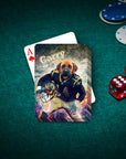 Personalized pet playing card featuring a dog's head on a football player's body, "Garry" text, on a green felt table.