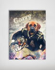 Personalized matte poster featuring a dog in a black and gold New Orleans Saints football uniform, holding a helmet.