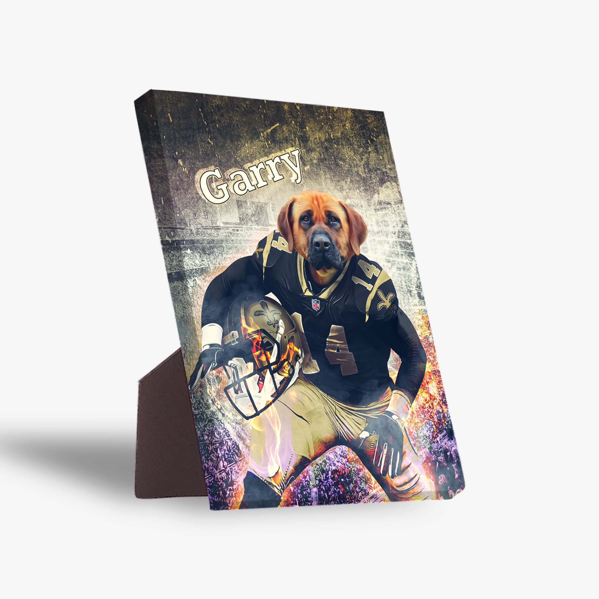 Personalized pet standing canvas featuring a dog in a black and gold football uniform, named "Garry.