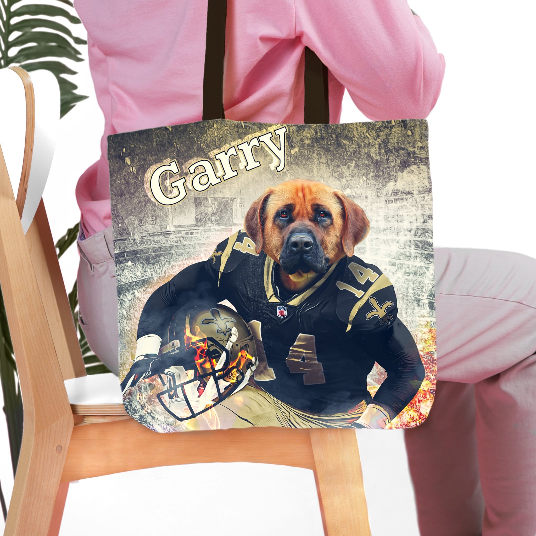 Personalized tote bag with a dog's portrait in a football uniform, named "Garry.