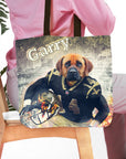Personalized tote bag with a dog's portrait in a football uniform, named "Garry.