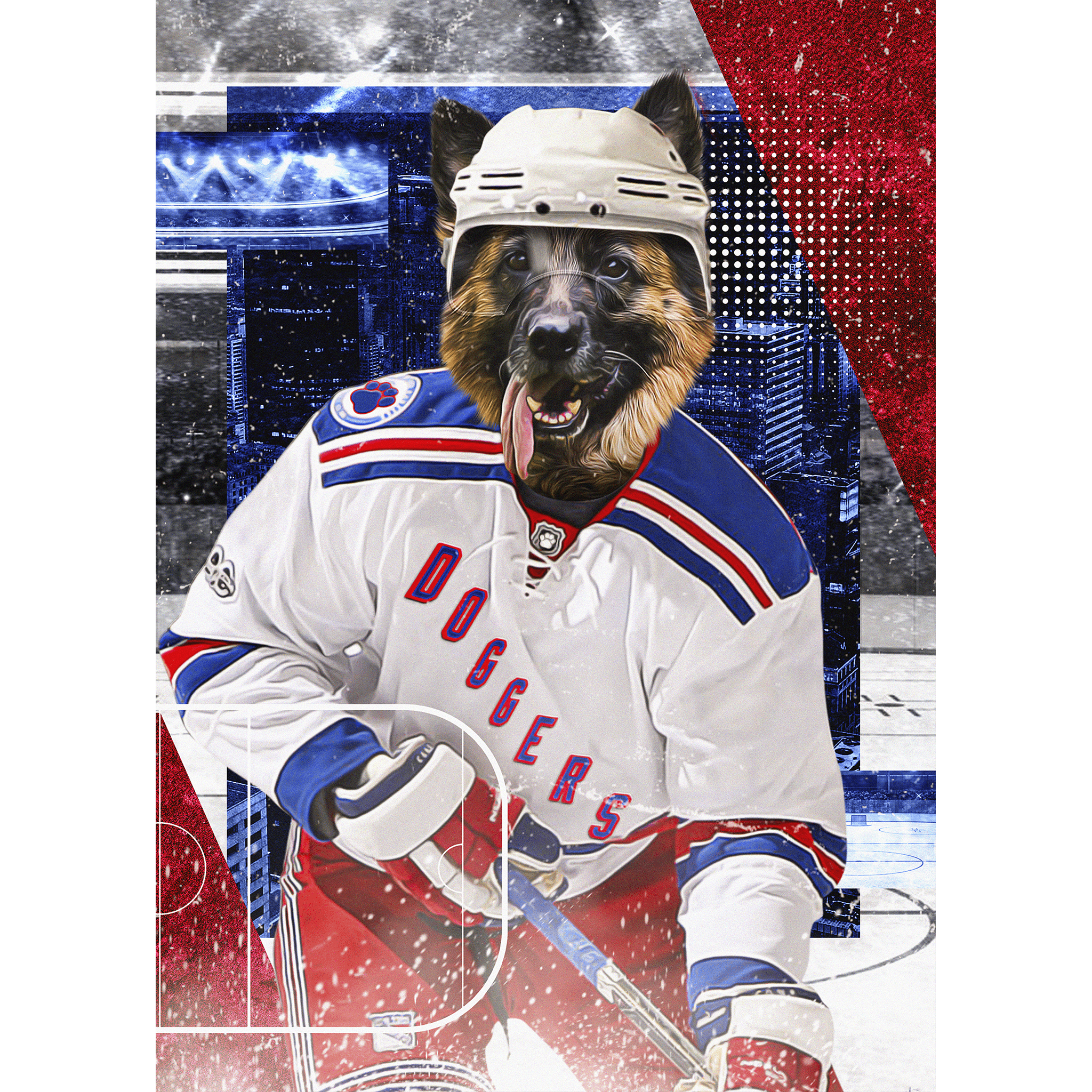 Personalized digital portrait of a German Shepherd in a white, red, and blue hockey jersey.