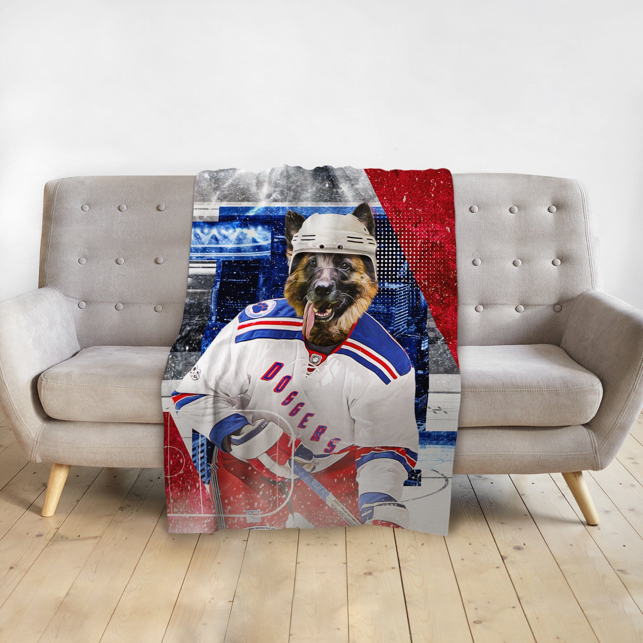 Personalized pet blanket with a German Shepherd in a hockey uniform, "Doggers" on the jersey.
