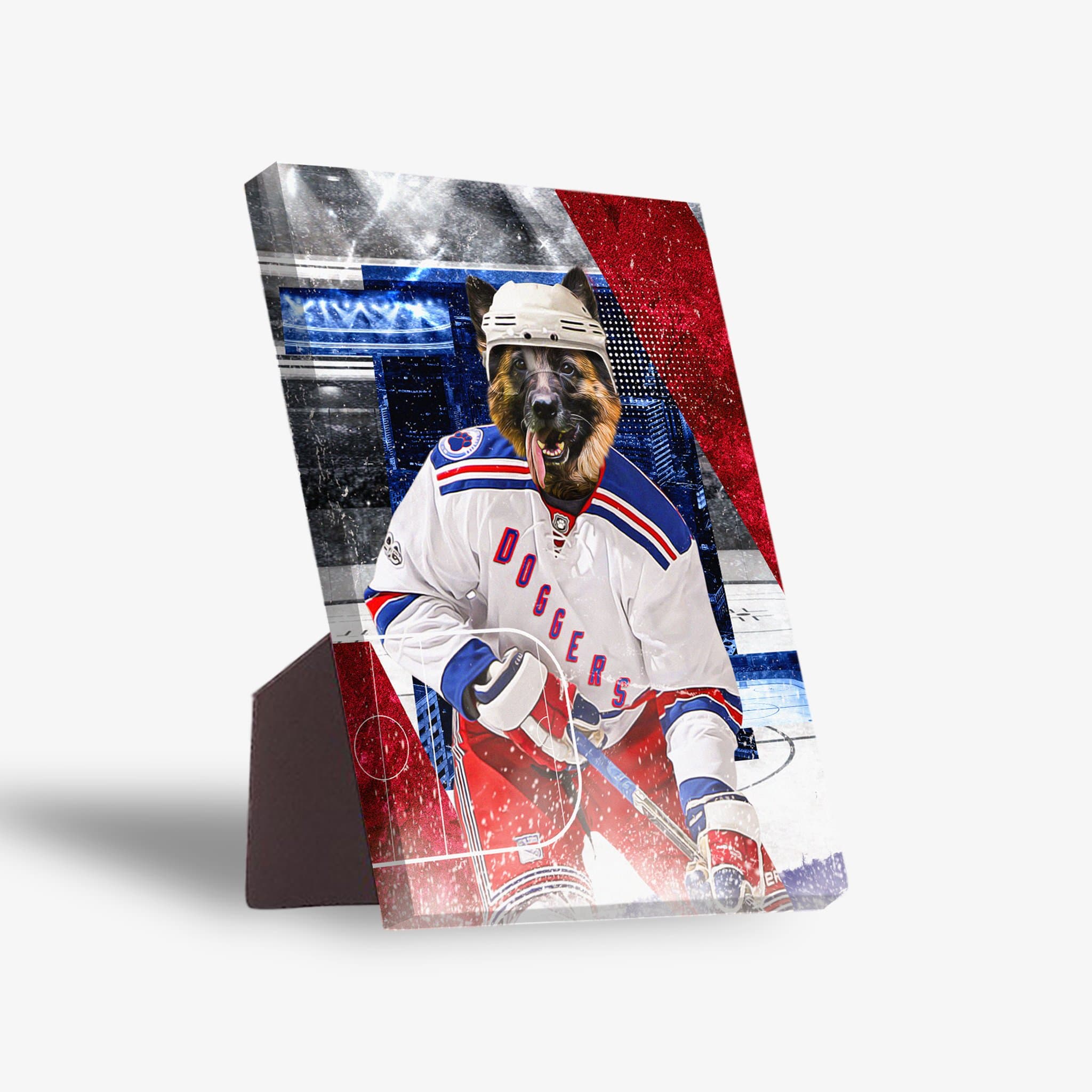 Personalized standing canvas featuring a German Shepherd in a white, red, and blue hockey uniform with "DOGGERS" text.