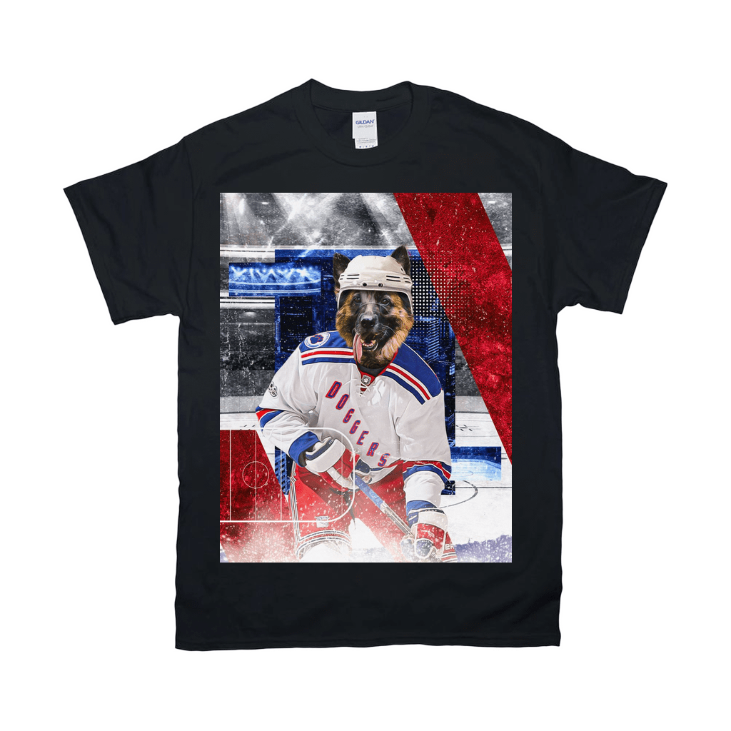 Black Gildan t-shirt featuring a German Shepherd in a white "Doggers" hockey jersey on an ice rink.