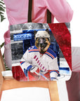 Personalized tote bag featuring a German Shepherd pet portrait in a New York Doggers hockey uniform.