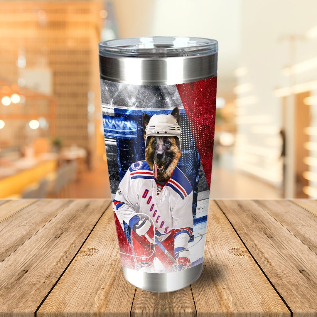 Personalized stainless steel tumbler with a German Shepherd pet portrait in a hockey uniform.
