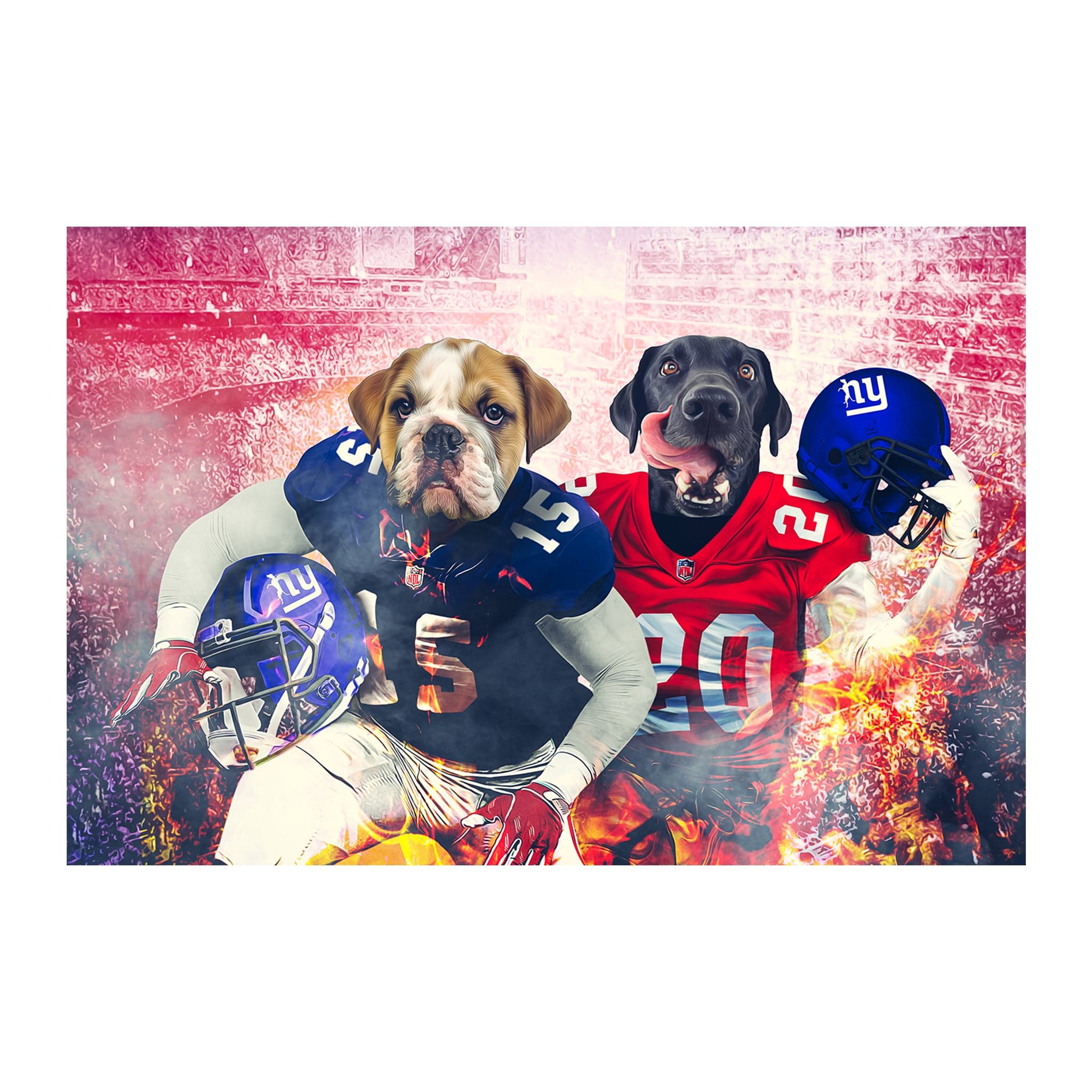 Custom digital portrait of two dogs as New York Giants football players in a stadium.