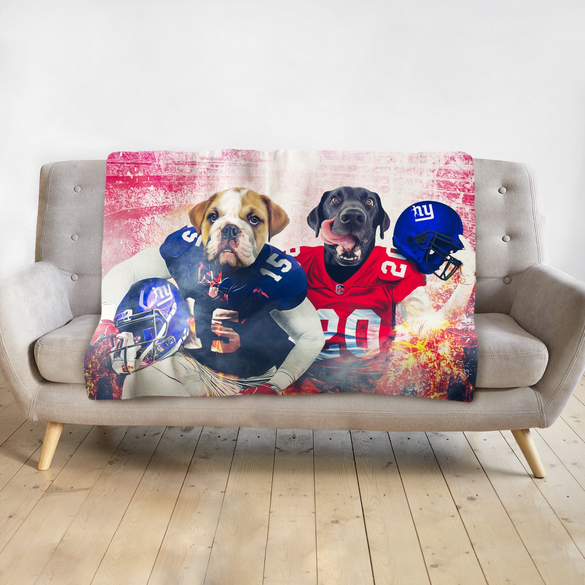 Custom personalized blanket with two dogs in New York Giants football uniforms.