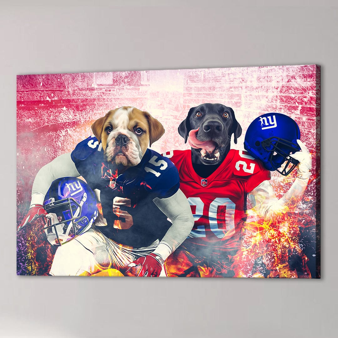 Personalized canvas of two dogs in New York Giants football uniforms, holding blue helmets.