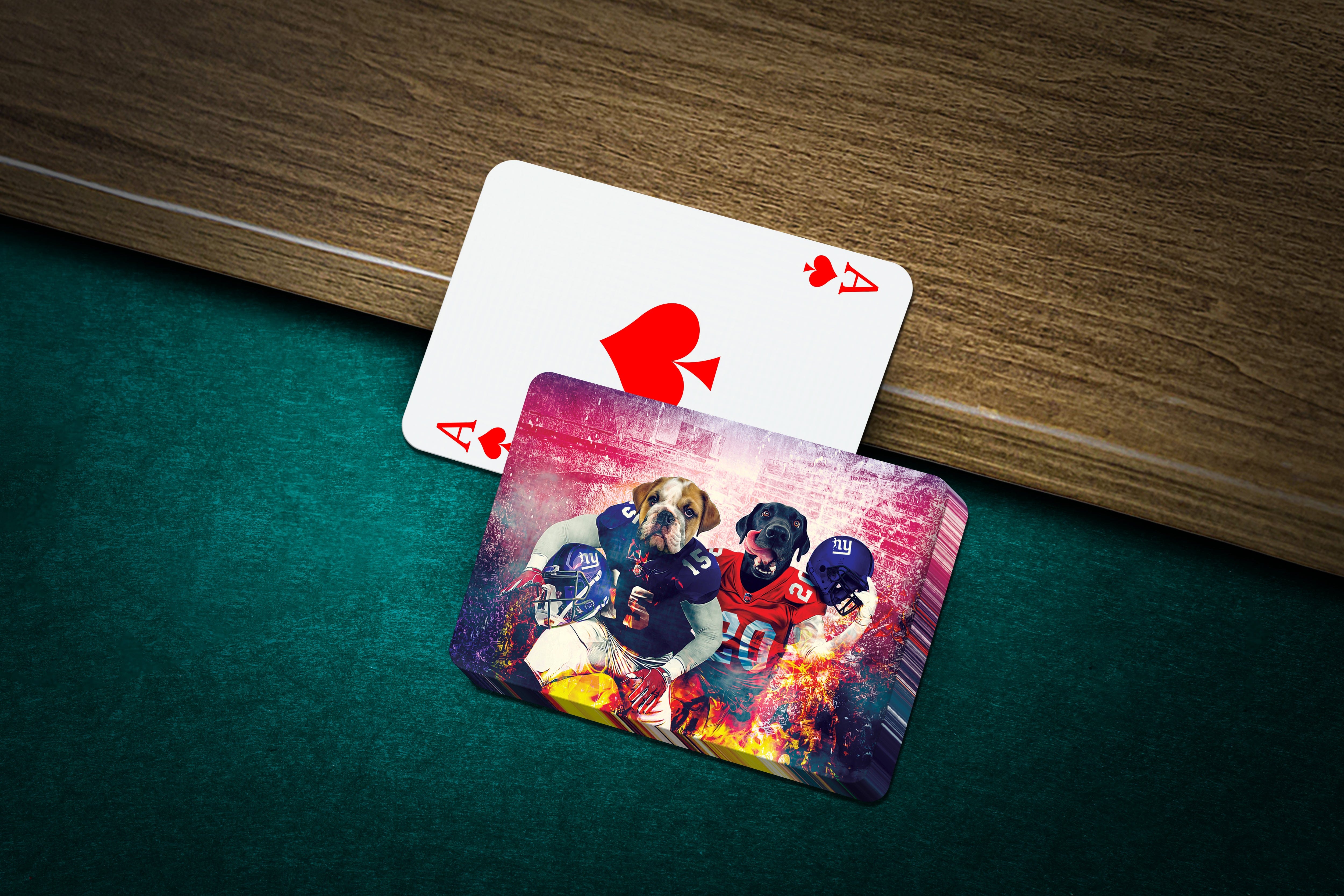 Personalized playing cards featuring two dogs in football uniforms on a vibrant, custom art design.