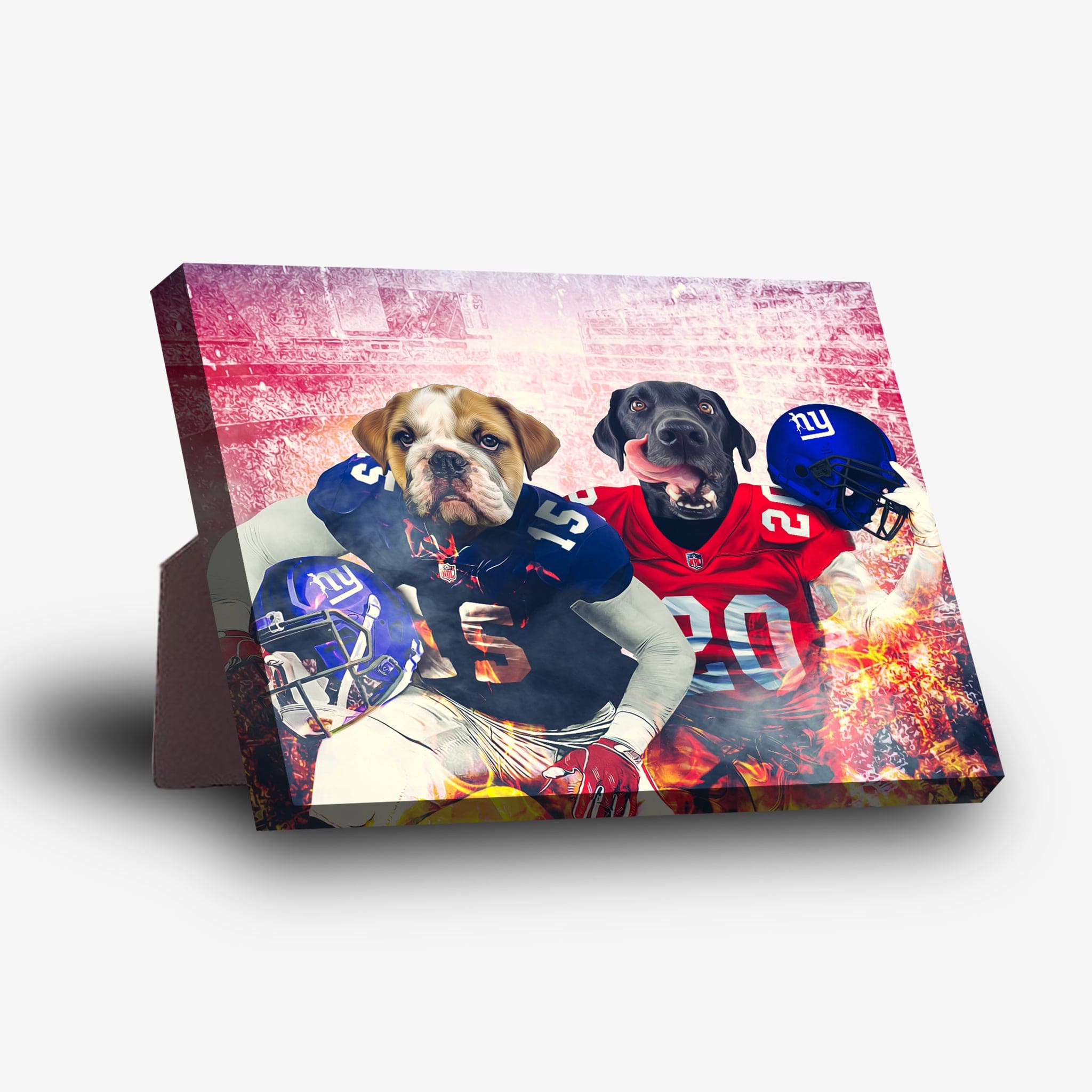 Personalized 'New York Doggos' standing canvas featuring two pets as football players in red and blue jerseys.