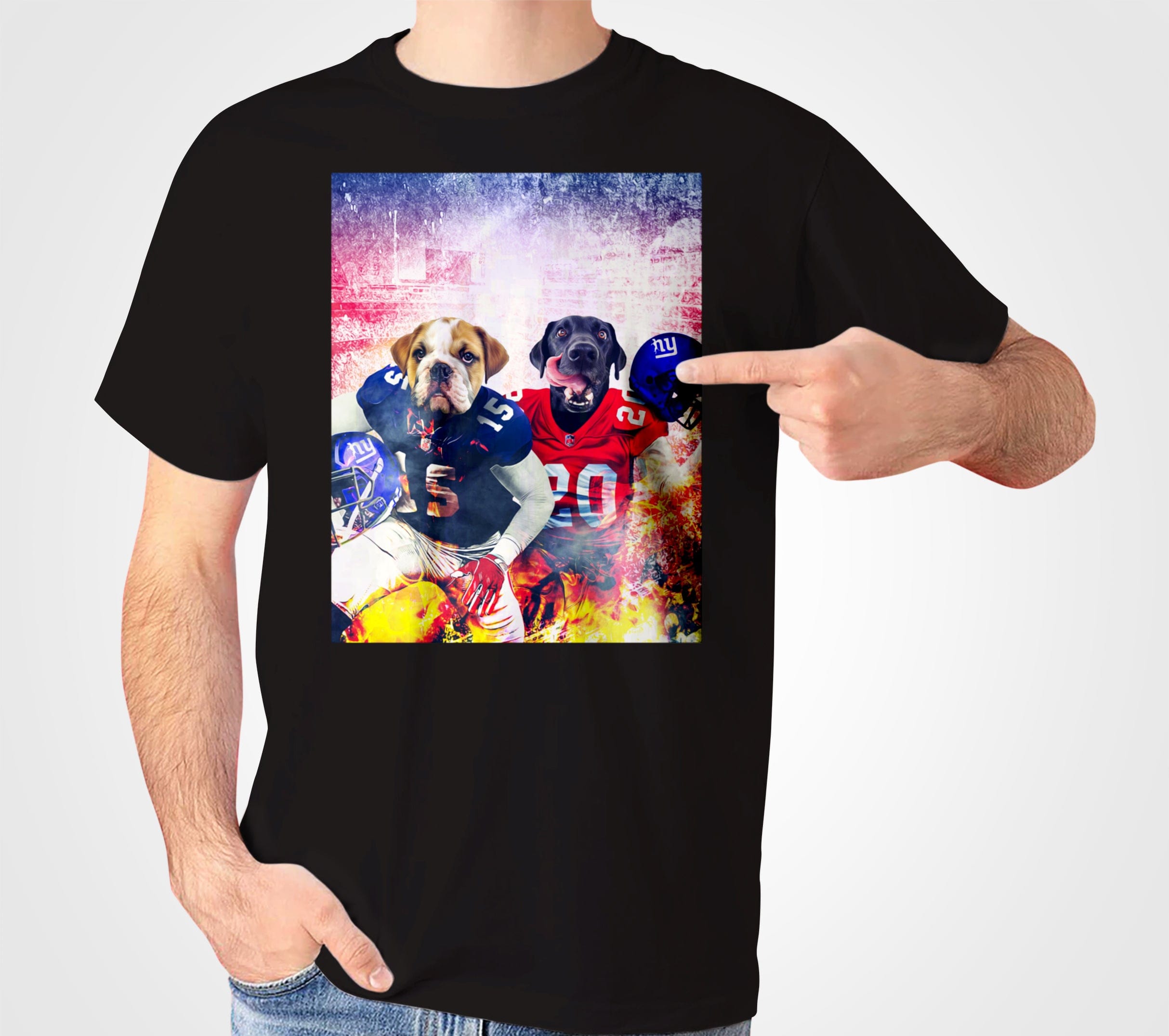Black Gildan t-shirt with two personalized pets, a bulldog and a black lab, in football uniforms.