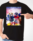 Black Gildan t-shirt with two personalized pets, a bulldog and a black lab, in football uniforms.