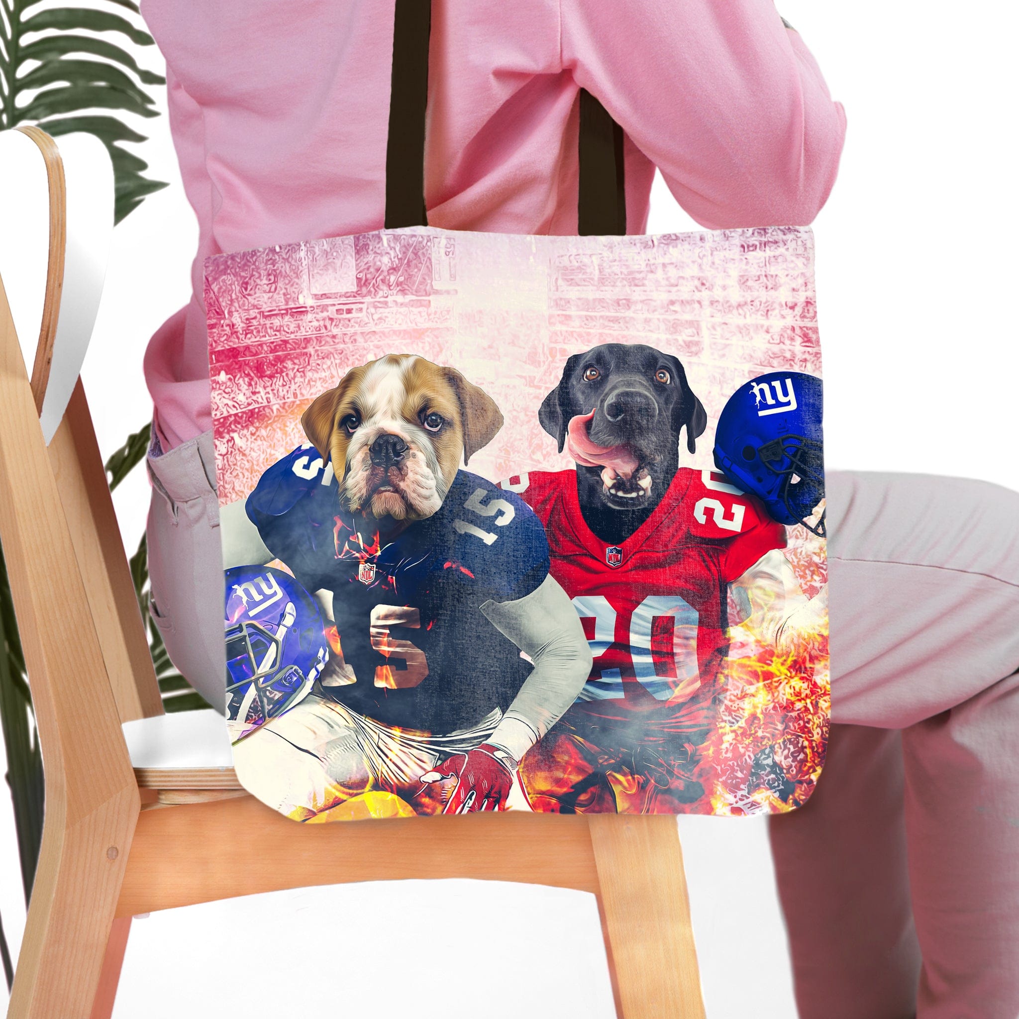 Personalized 2 pet tote bag featuring dog portraits in New York football jerseys.